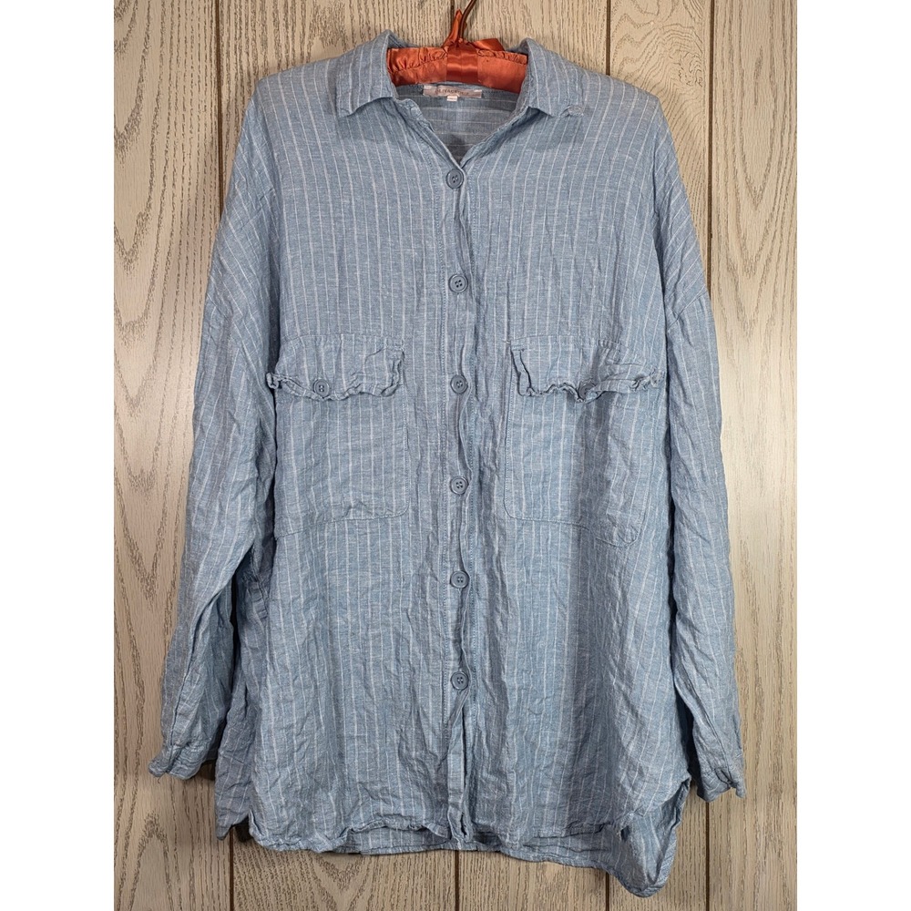 Olivaceous Molly Linen Shirt Blue White Striped Button Down Shirt Small
